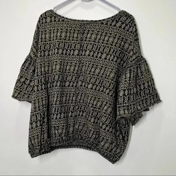 Free People Black Taupe‎ Cotton Knit Comfy Short Top Ruffle Sleeves size L - Picture 3 of 11